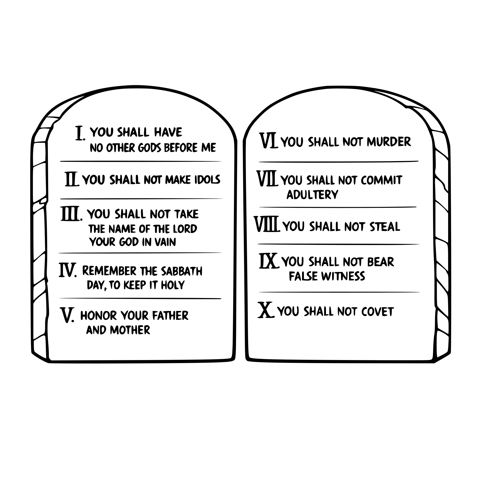 Create an image of the 10 commandments on the tablets. Show the 10 commandments written out with 5 on each tablet