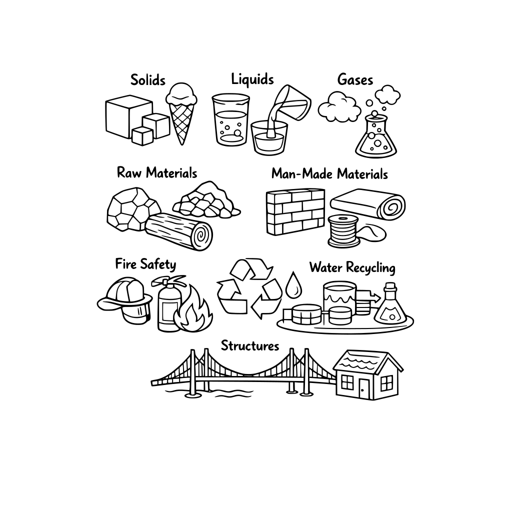 I want a page that showcases, solids, liquids, gasses, raw material, man- made materials, fire safety, water recycling and structures like bridges