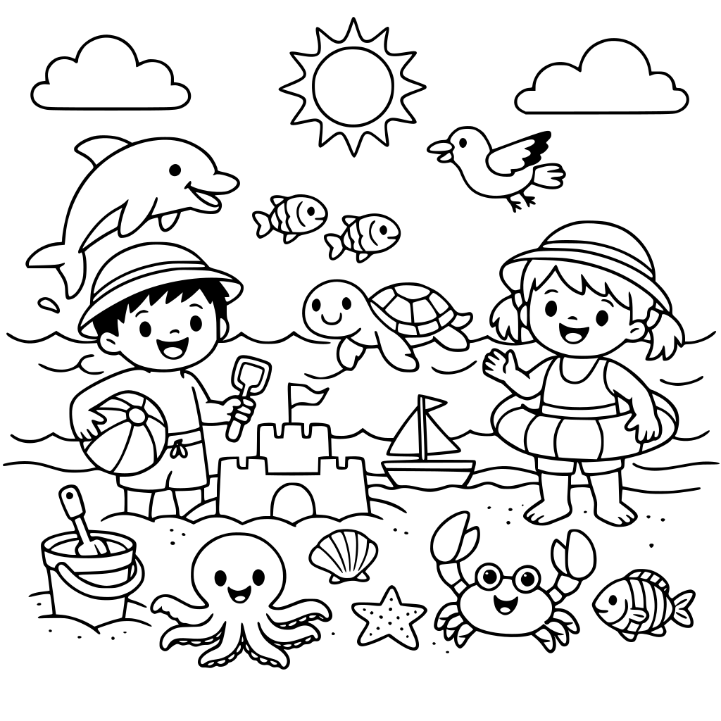 design me a coloring book for children that shows fun at the beach, ocean, sea animals, sand toys