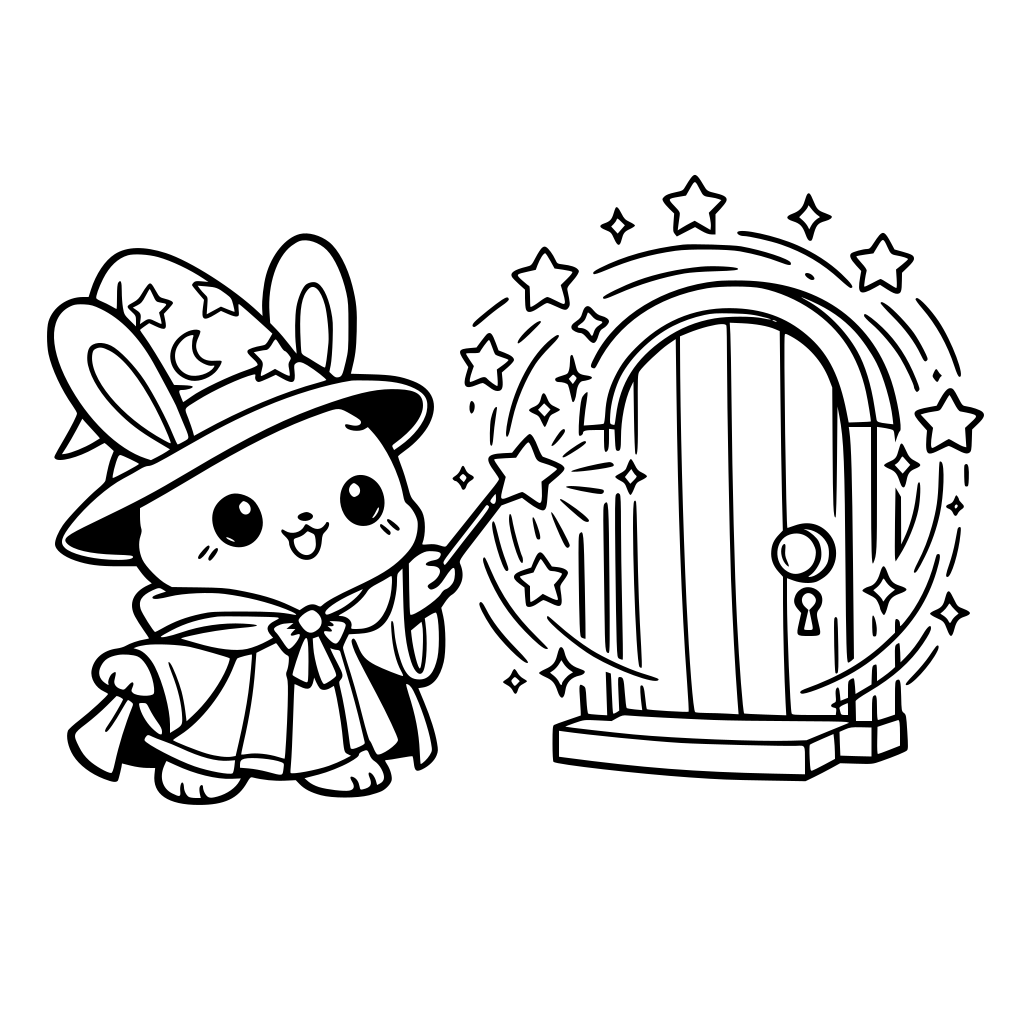 cartoon and kawaii art style of Bunny in magician robe and hatcconjuring magical door — door glowing, stars circling.