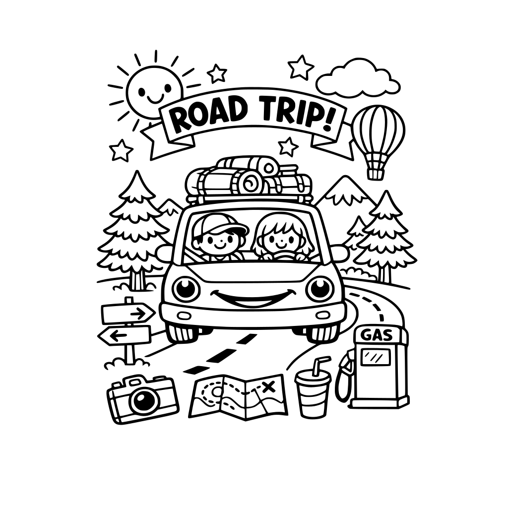create a road trip themed colouring page for kids