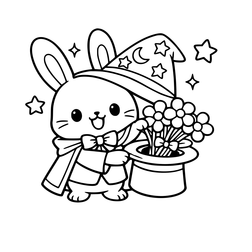 cartoon and kawaii style of bunny wearing magician robe and hat pulling a bouquet of flowers — rounded petals, cartoon stems.