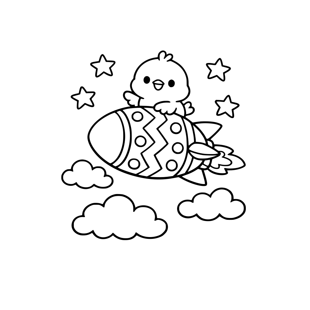 Chick riding a rocket made from a giant Easter egg flying through clouds, cute simple coloring book page, toddler friendly, thick bold outlines, very simple shapes, minimal details,
