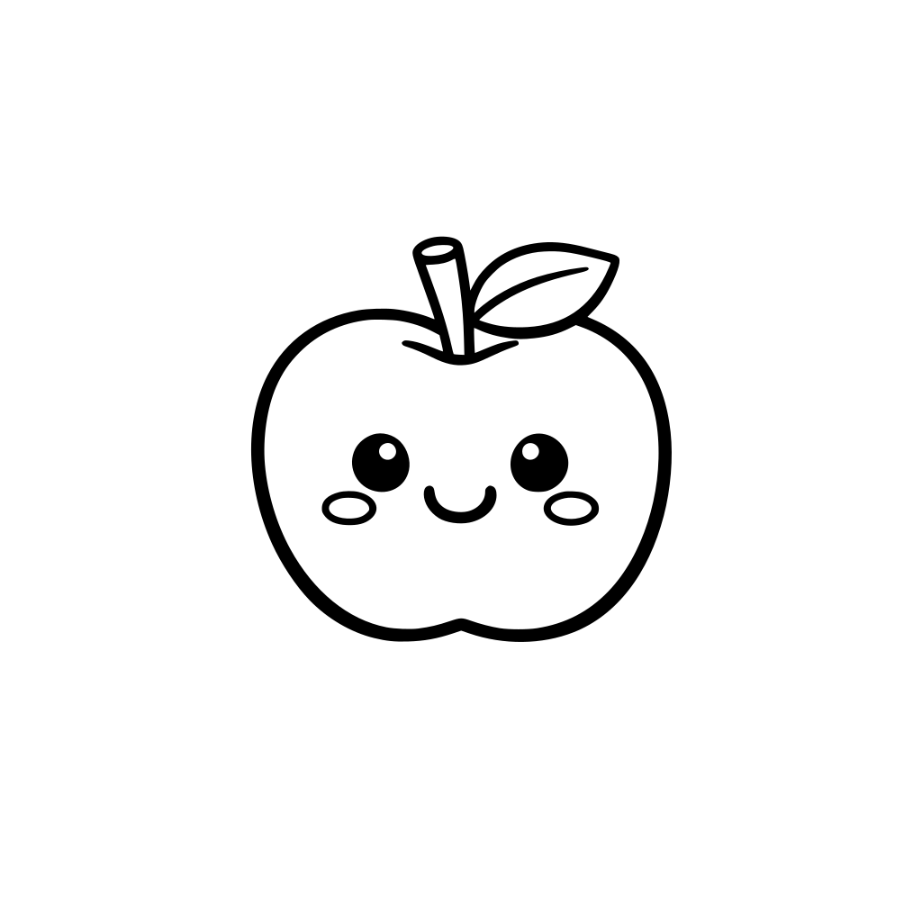Simple black and white coloring page for kids aged 3 to 6. Cute apple with a smiling face. Bold thick outlines, easy shapes, no shading. Clean white background, printable coloring book page.