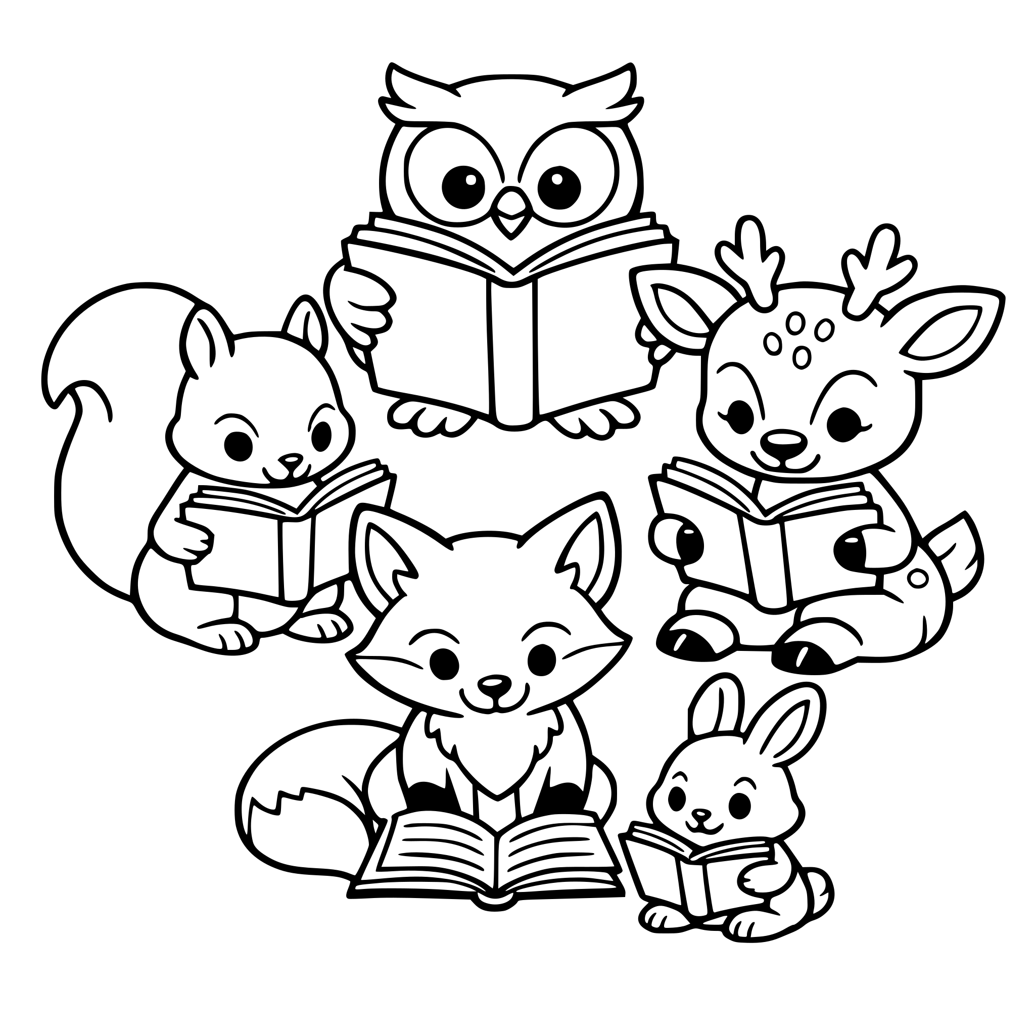 Woodland animals reading books