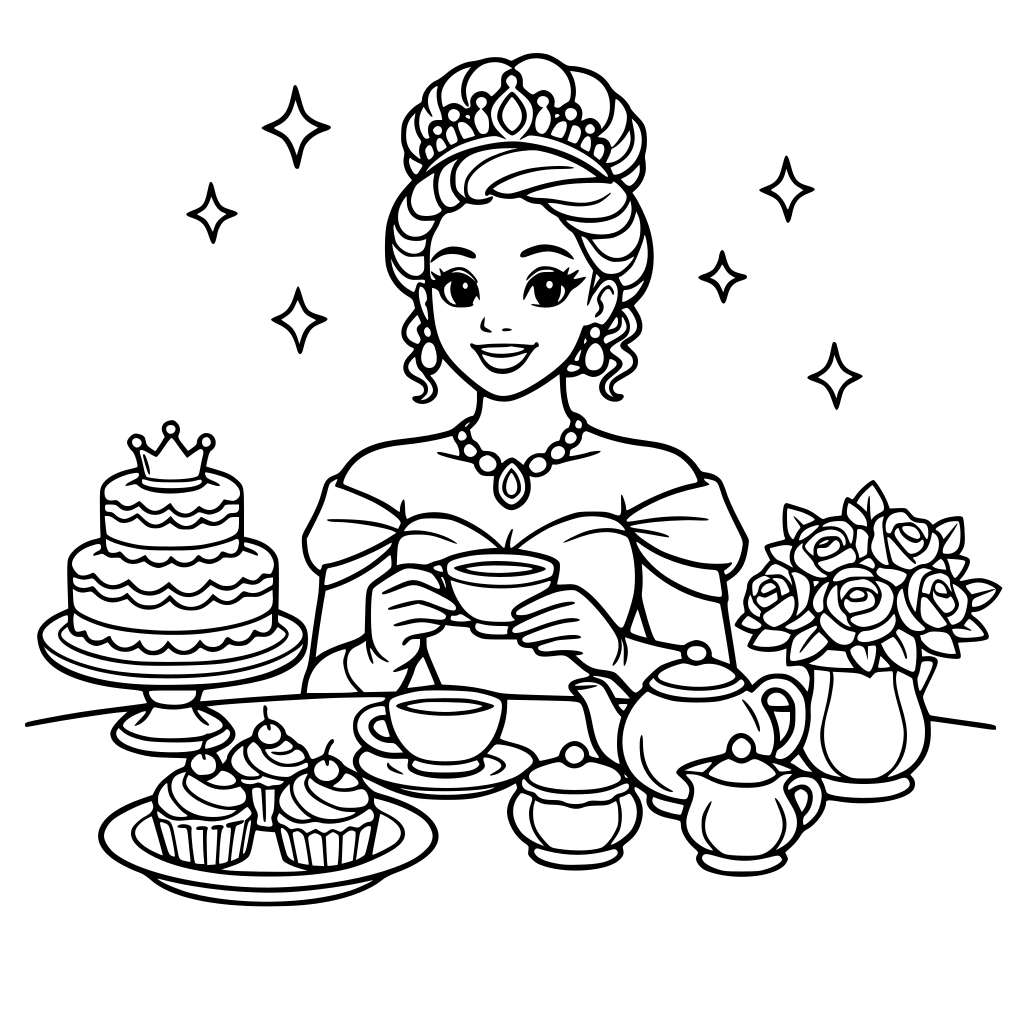 An African American princess sitting at a tea table with teacups, cake, and flowers.