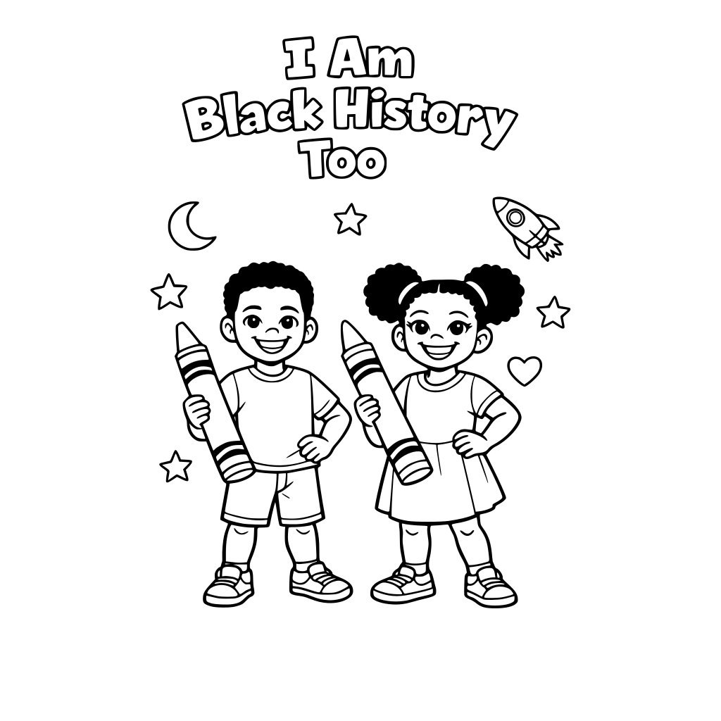 Smiling Black boy and girl standing confidently holding a crayon, space above for title text “I Am Black History Too,” minimal stars and simple shapes in background.
