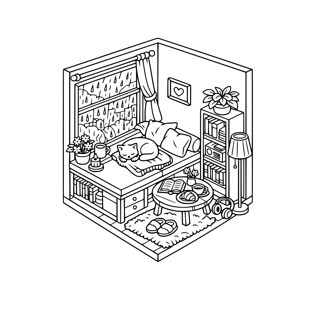 cute and cozy, rainy window, corner 3d isometric