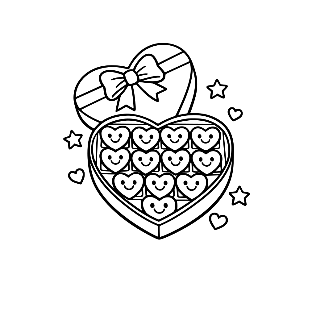 a box of heart shaped chocolates with smiley faces on the hearts