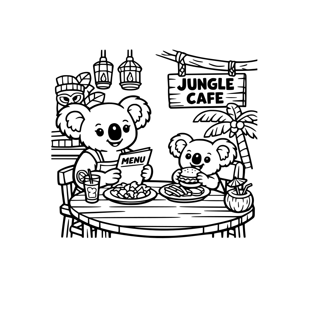 Black-and-white line art of a mama koala and a baby koala at a jungle restaurant.