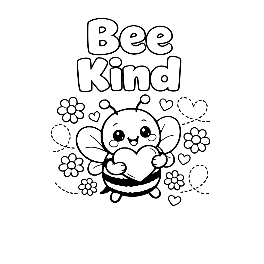 A smiling bee carrying a heart. Big text: "Bee kind" Flowers, hearts, and dotted flight lines. Please make all of the letters in bubble so that children can color it in.