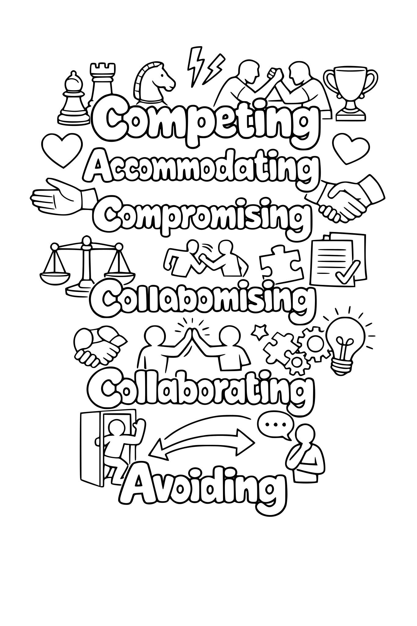 I would like to create a page with conflict and resolution, work icons that include the following words woven through the design in bubble letters: Competing, accommodating, compromising, collaborating, avoiding. I want to be able to color the words
