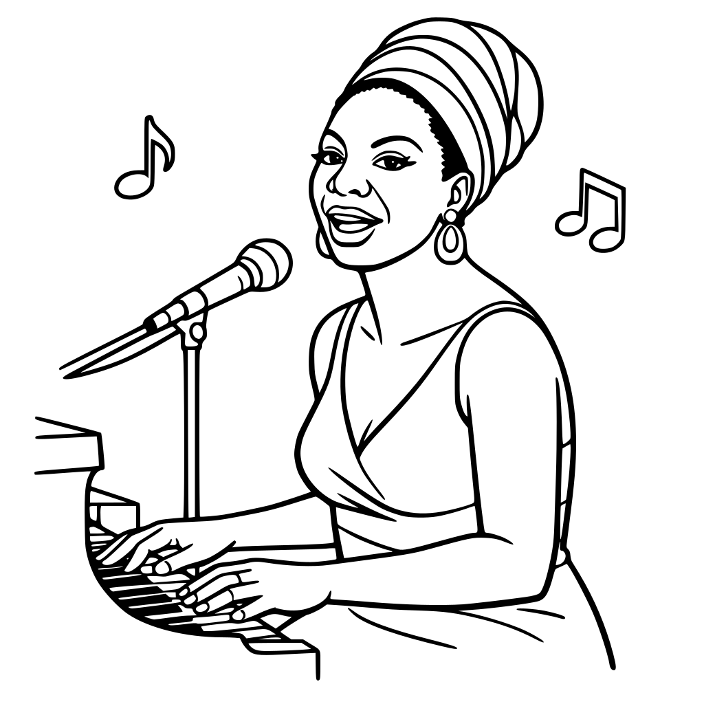 Nina Simone sitting at a piano, singing with confident expression, simple elegant dress, minimal music note outlines in background, mid-body framing.