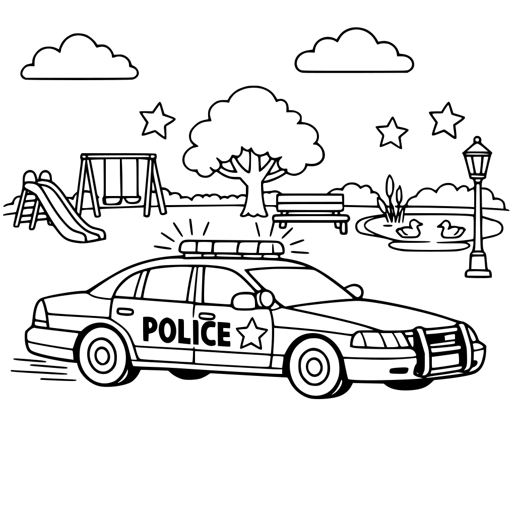 police car with flashing lights, driving past a small park.