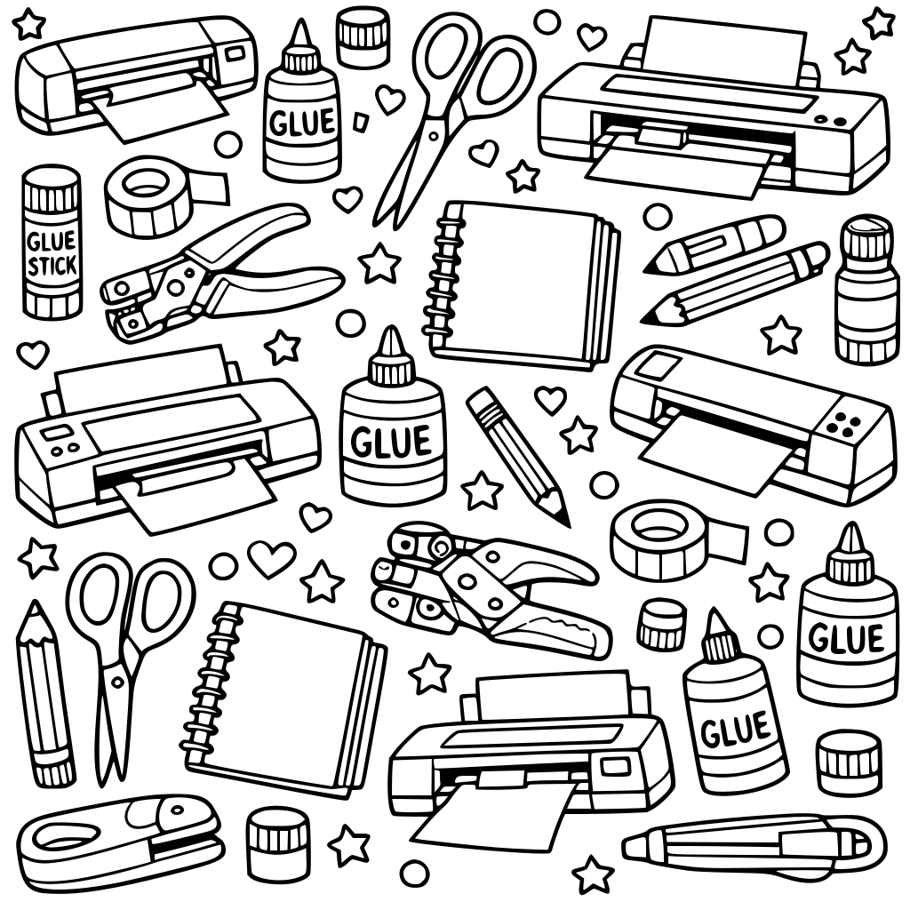 Crea dibujos de plotter de corte, impresoras, tijeras, lapices y agendas, pegamentos, crop a dile, y cosas de manualidades. Estilo papel digital con patrones repetidos