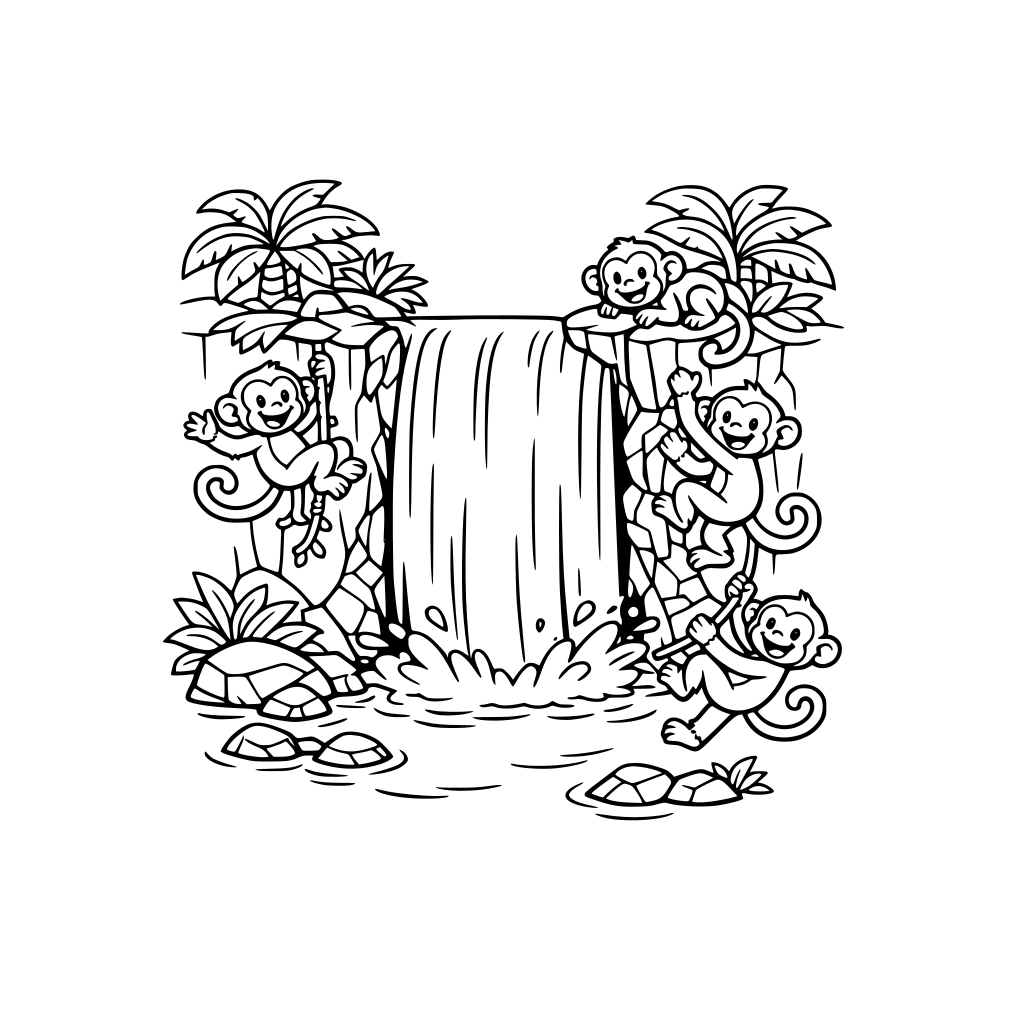“Create a clean, black-and-white illustration for children. There is one large flowing waterfall in a jungle clearing, with a small group of playful monkeys climbing.