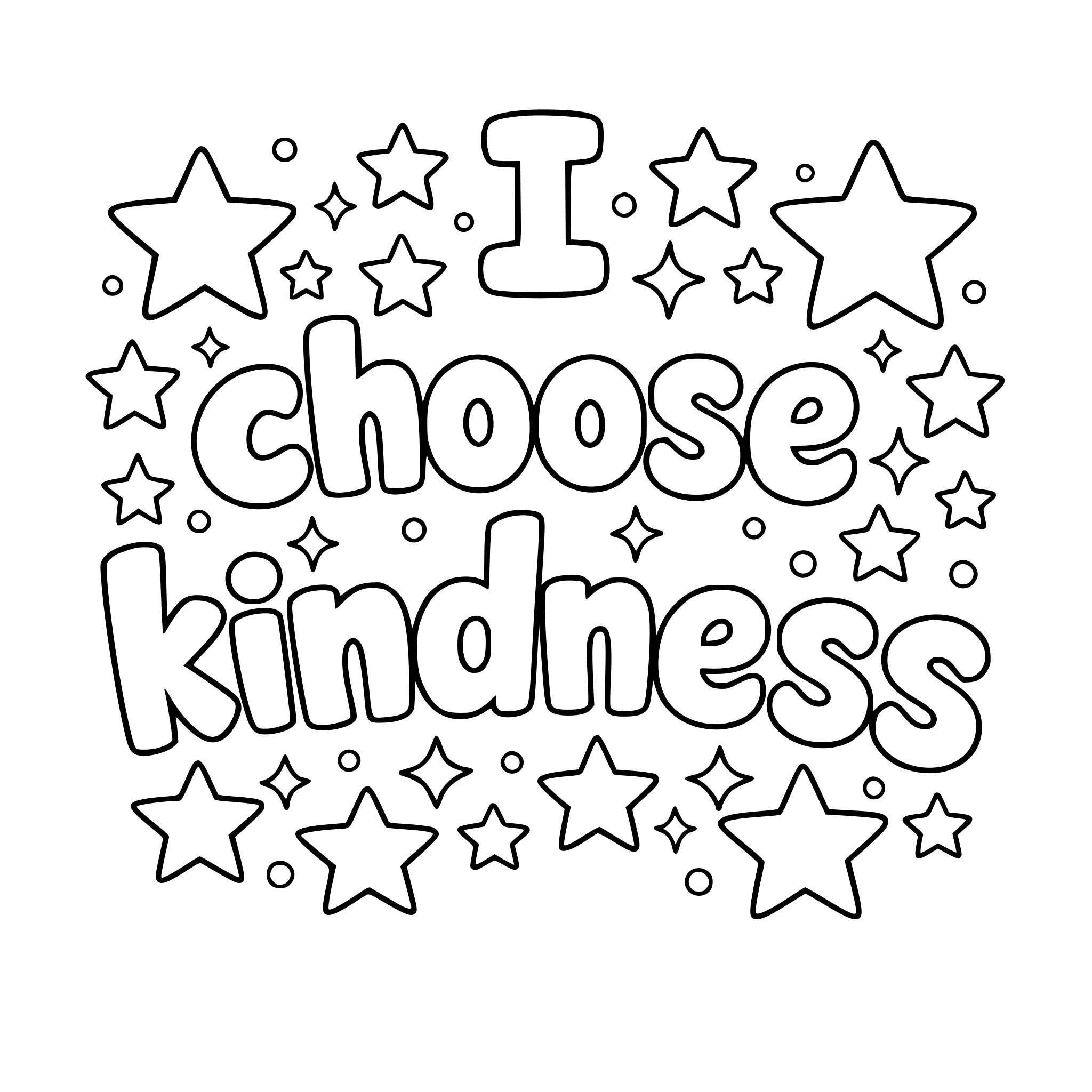 "I choose kindness" coloring letters with stars around the letters.