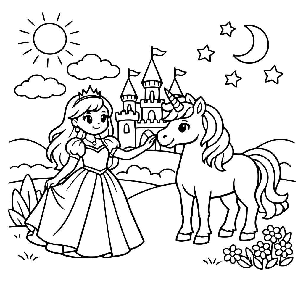 A princess and a unicorn in a magical kingdom