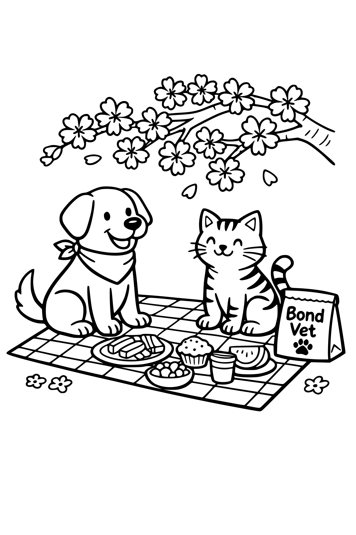 dog and cat having picnic under cherry blossom tree, blanket, treats, simple line art, black and white coloring page, thick outlines, treat bag labeled ‘Bond Vet