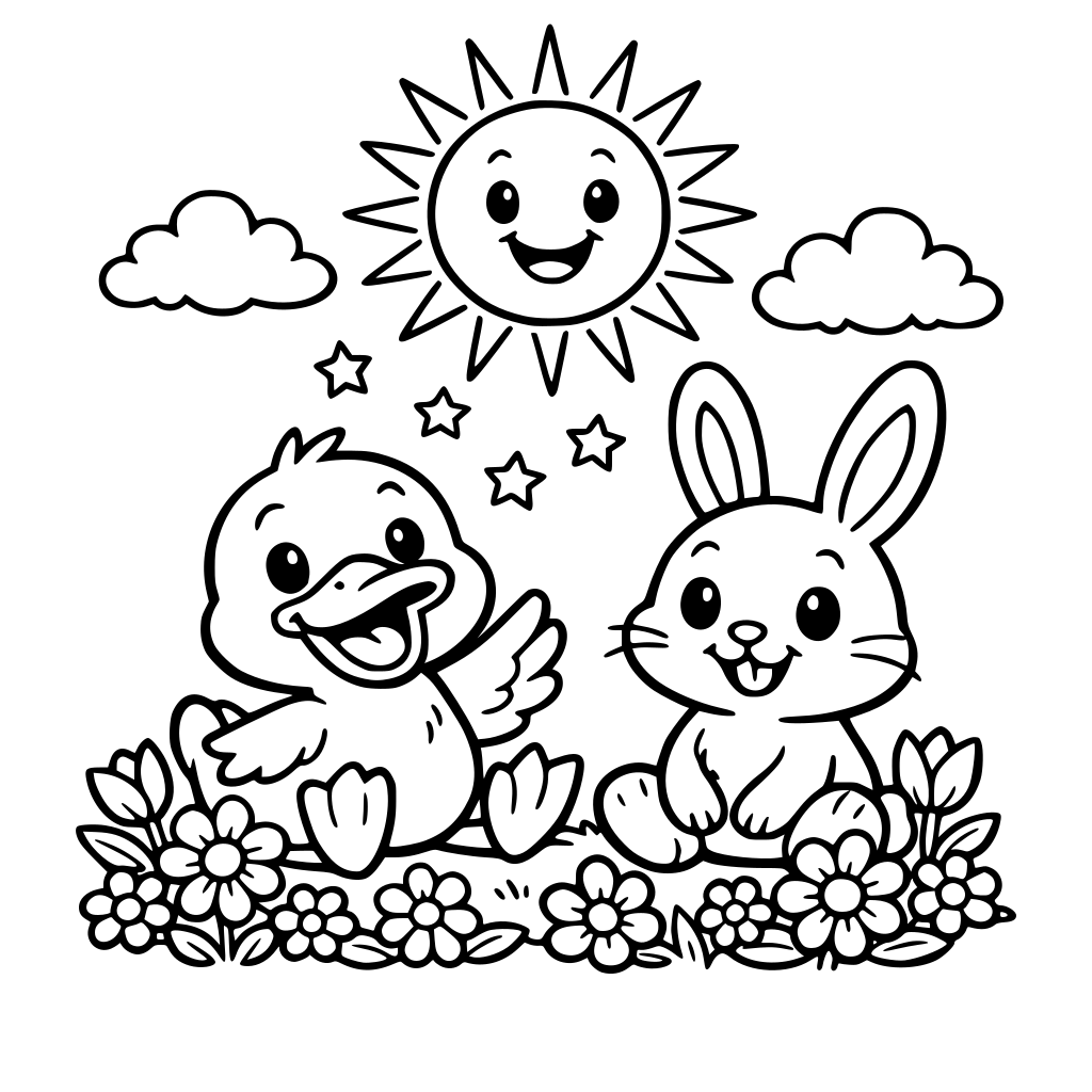 FUNNY DUCK AND A BUNNY WITH SUN AND FLOWERS