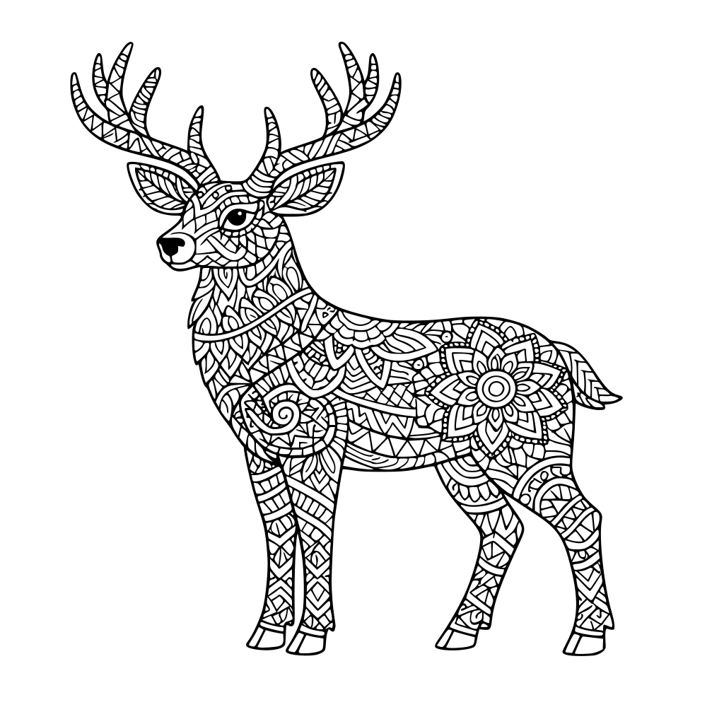 A DEER WITH INTRICATE PATTERN INSIDE OF IT , COLORING BOOK PHOTO , THICK LINES, NO COLOR, NO SHADING