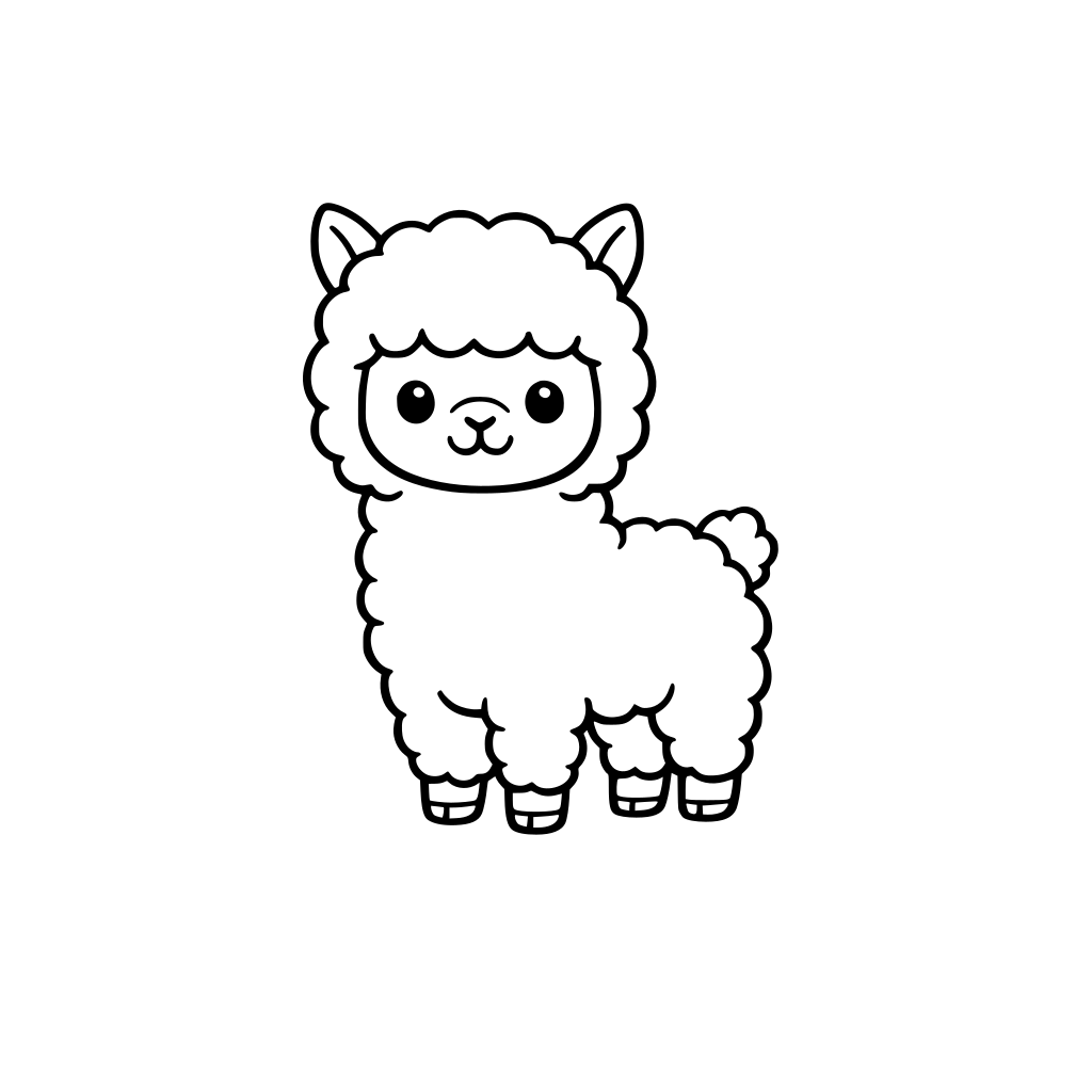 A 👉 Cute baby alpaca, thick black outlines, simple coloring page, minimal details, no shading, white background, kid-friendly.
