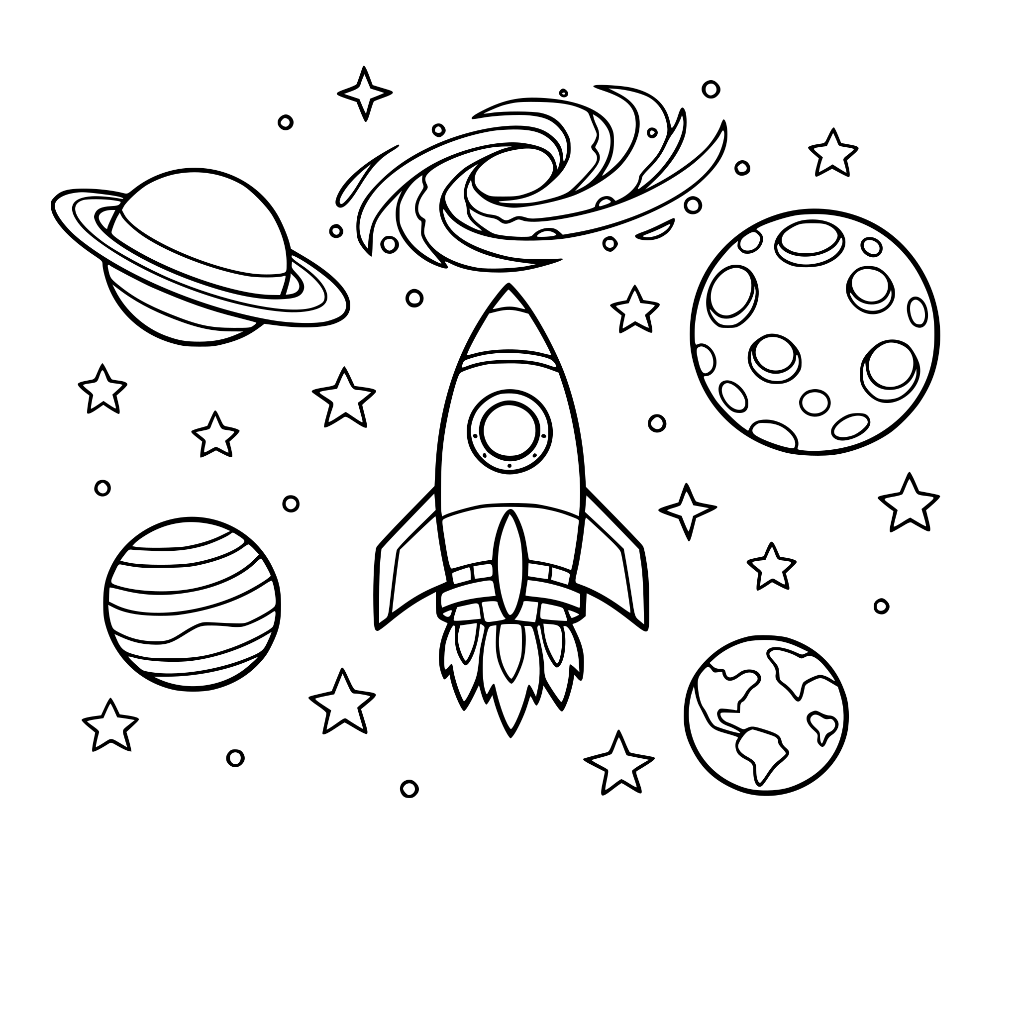 a rocket in space with planets around it and galaxy in the distance