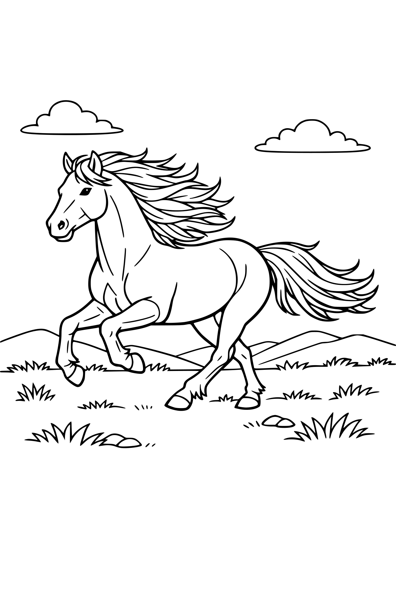 A horse galloping in a grassy plain with it's mane and tail flowing out in the wind