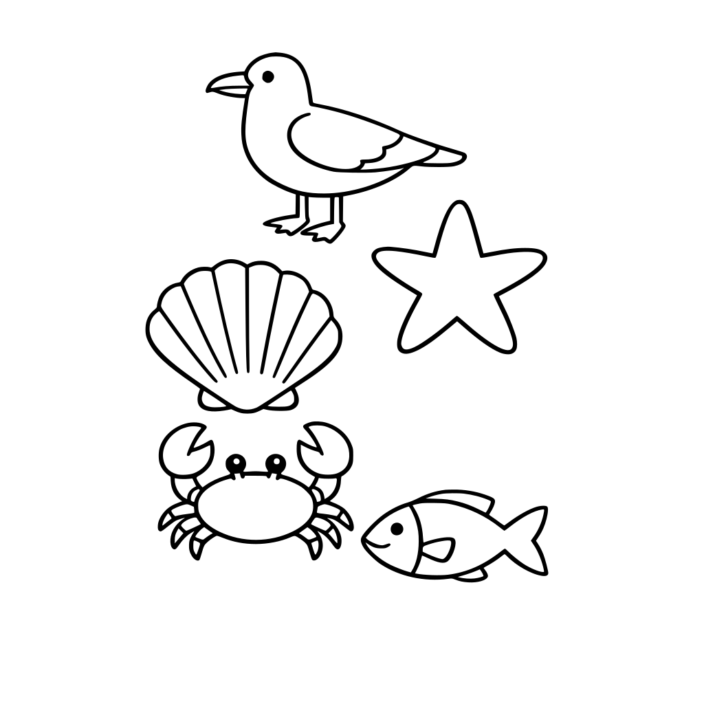 a collage of simple outlines of a seagull, a scallop shell, a starfish, a crab and a fish