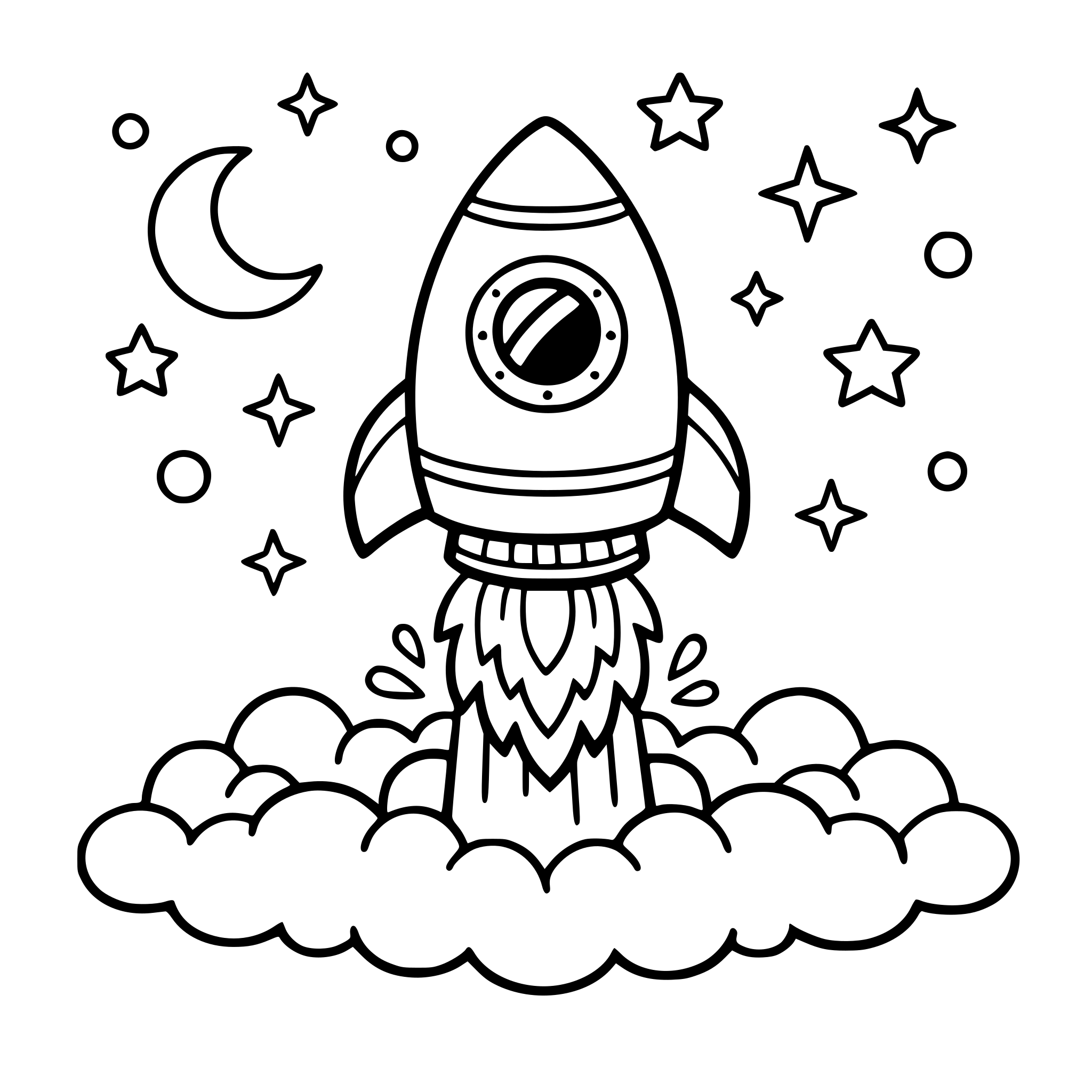 Cute rocket ship launching into space with flames, clouds below, stars above, simple line art, bold clean outlines, kids coloring book style