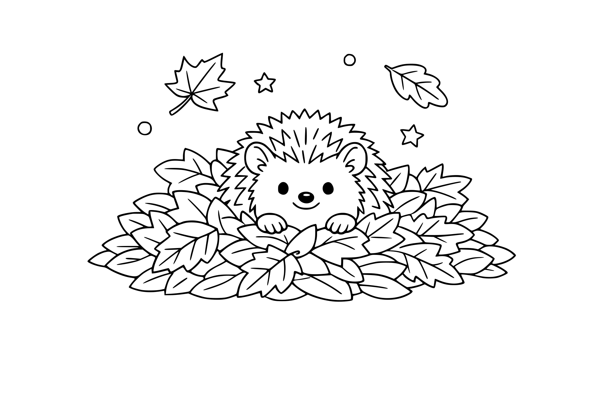 Hedgehog in a leaf pile, minimalistic line.