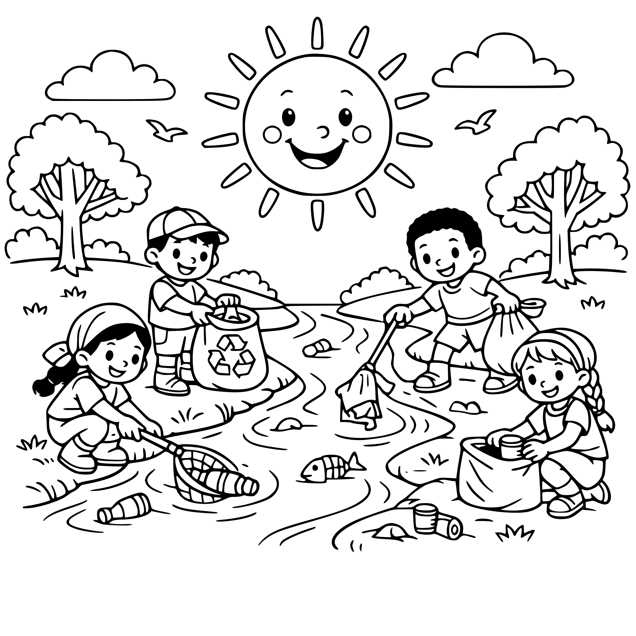 Dibuja aquí un mundo con árboles, un sol sonriente y niños de diferentes países ayudando a limpiar un río