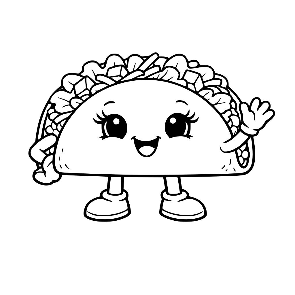 i want a happy taco. give her hands land feet. have her show some of her fillings like lettuce tomato chunks and cheese. i want her to have eyelashes to emphasize that she is a girl and i want her to be smiling and happy and cute
