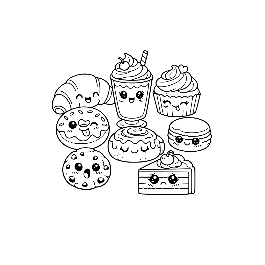kawaii bakery items including croissant, cupcake, donut, cinnamon roll, milkshake, macaron, cookie, and sliced cake, all with different cute facial expressions. do not repeat food item and do not repeat facial expression more than once.