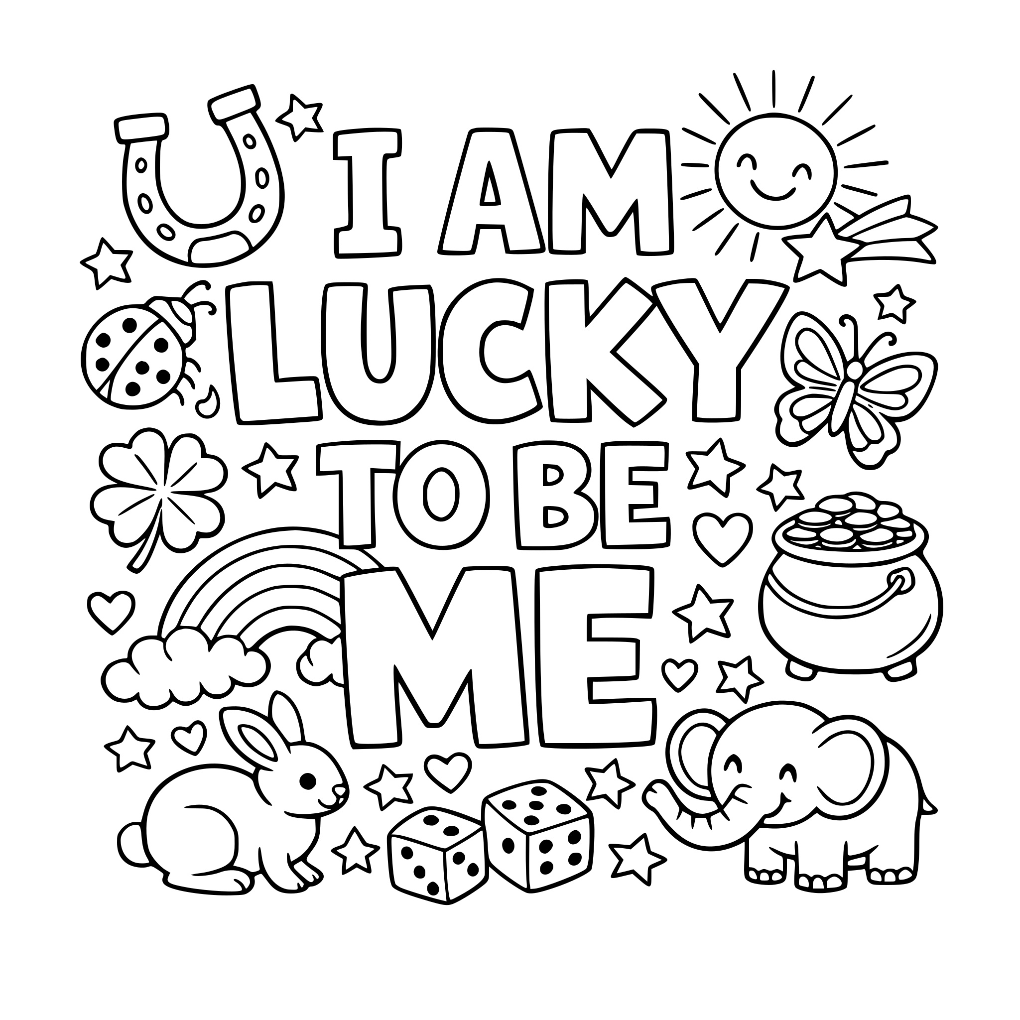 "I am lucky to be me" coloring letters with items around the letters that work with the lettering.