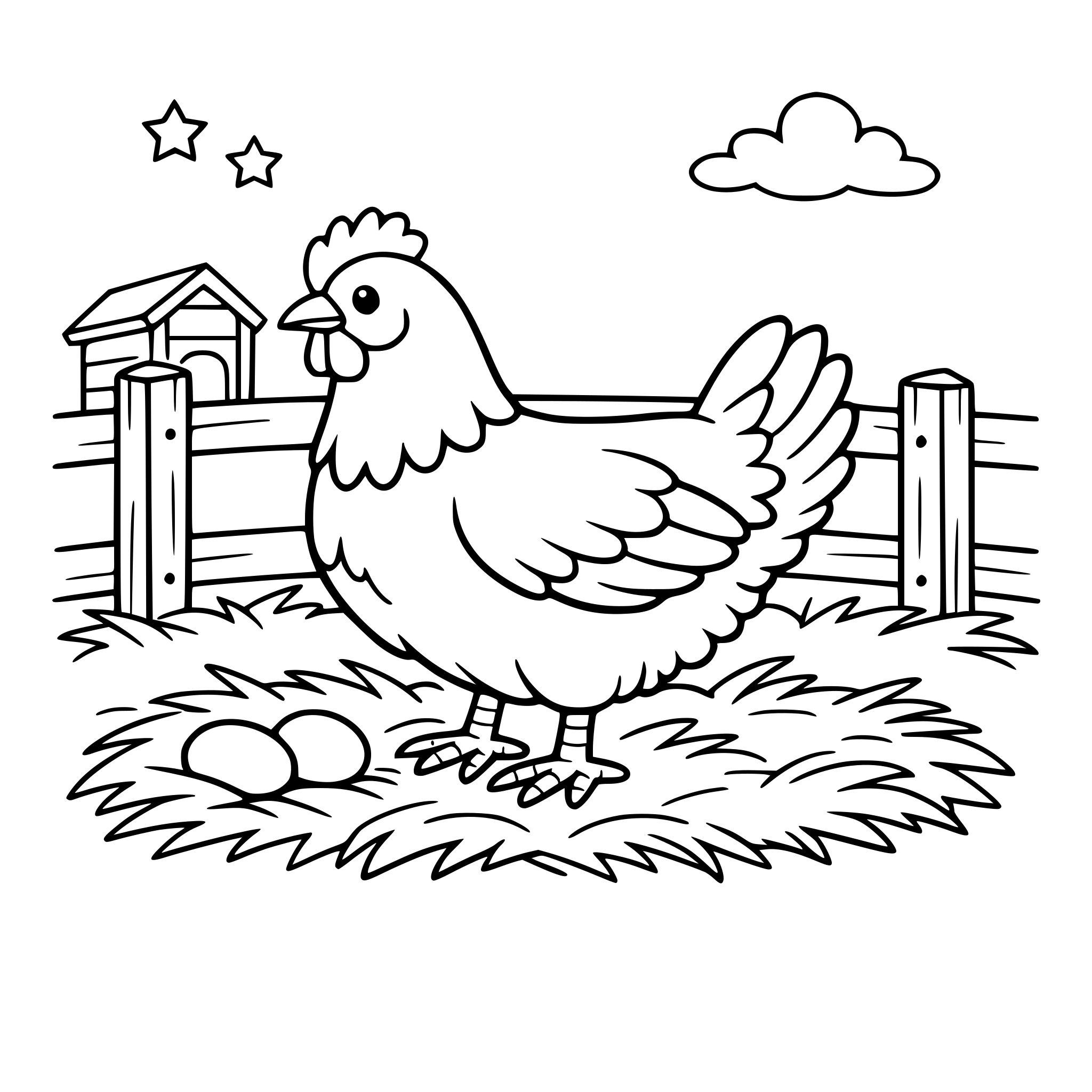 Create an image of a hen in a fenced in pen with hay. White background, isolated.