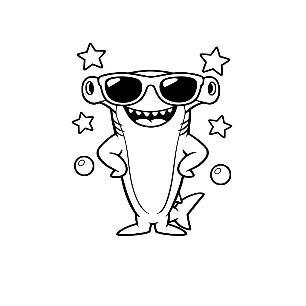 A hammerhead shark standing upright smiling happily with a big sunglasses on it . Large open spaces. Kid-friendly and funny, ages 3–7.