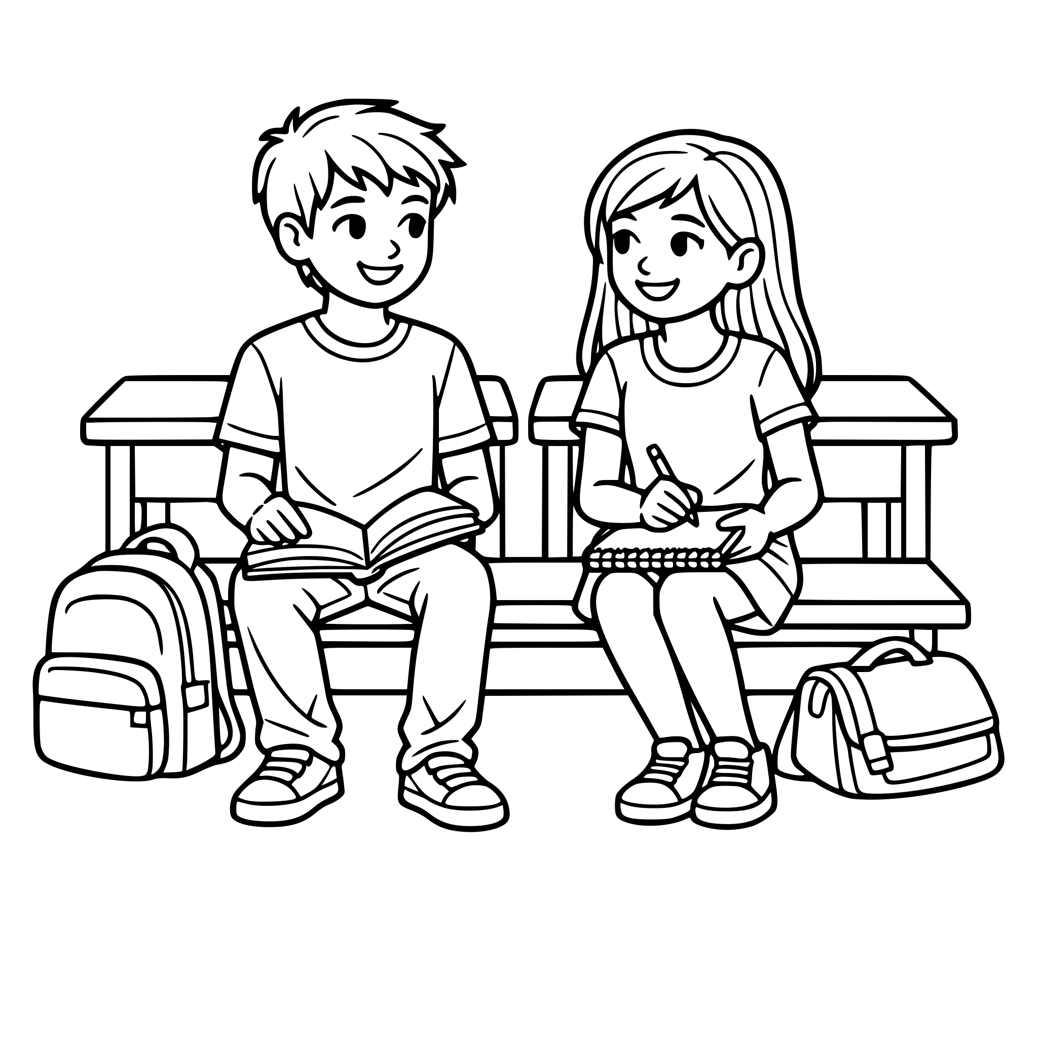 Um menino e uma menina num banco escola secundária