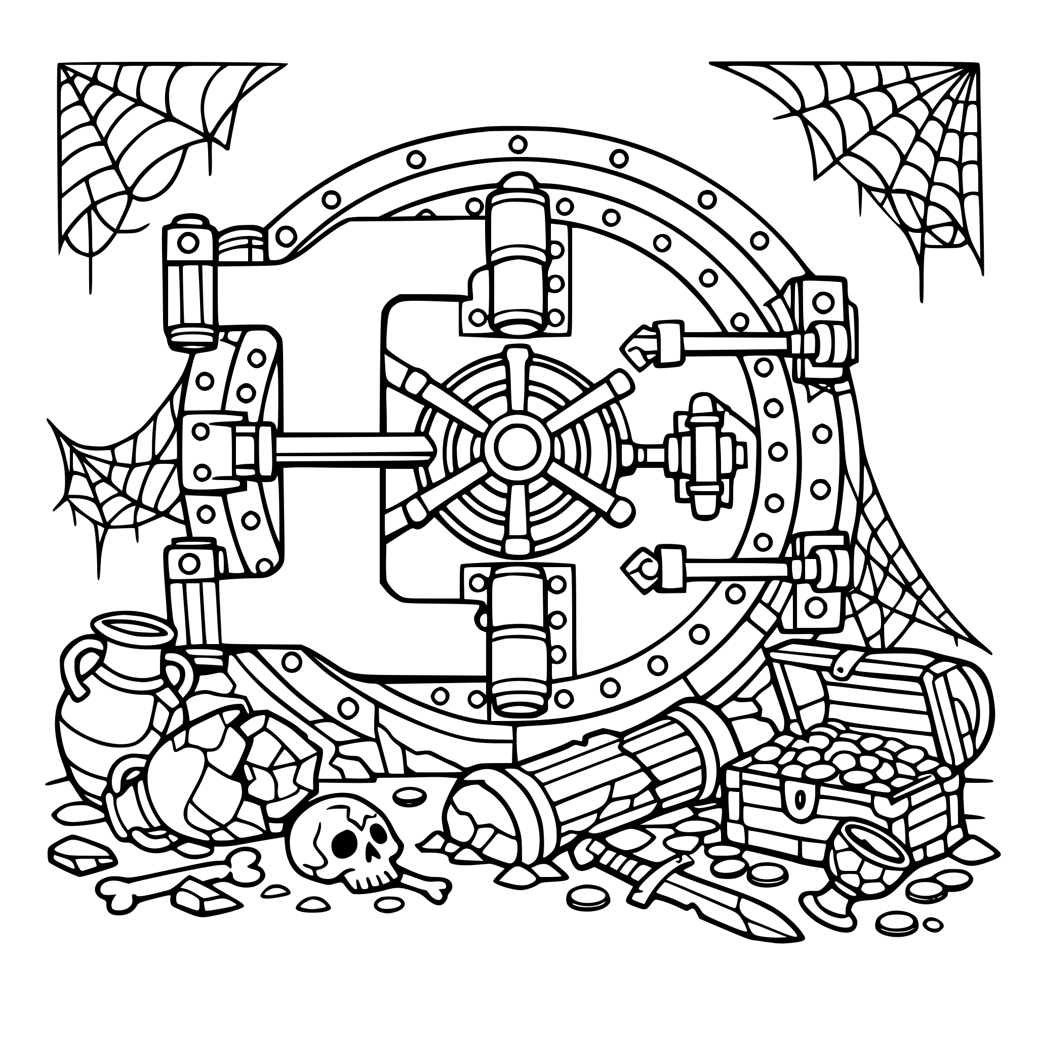 a hidden vault door with cobwebs and broken artifacts laying around