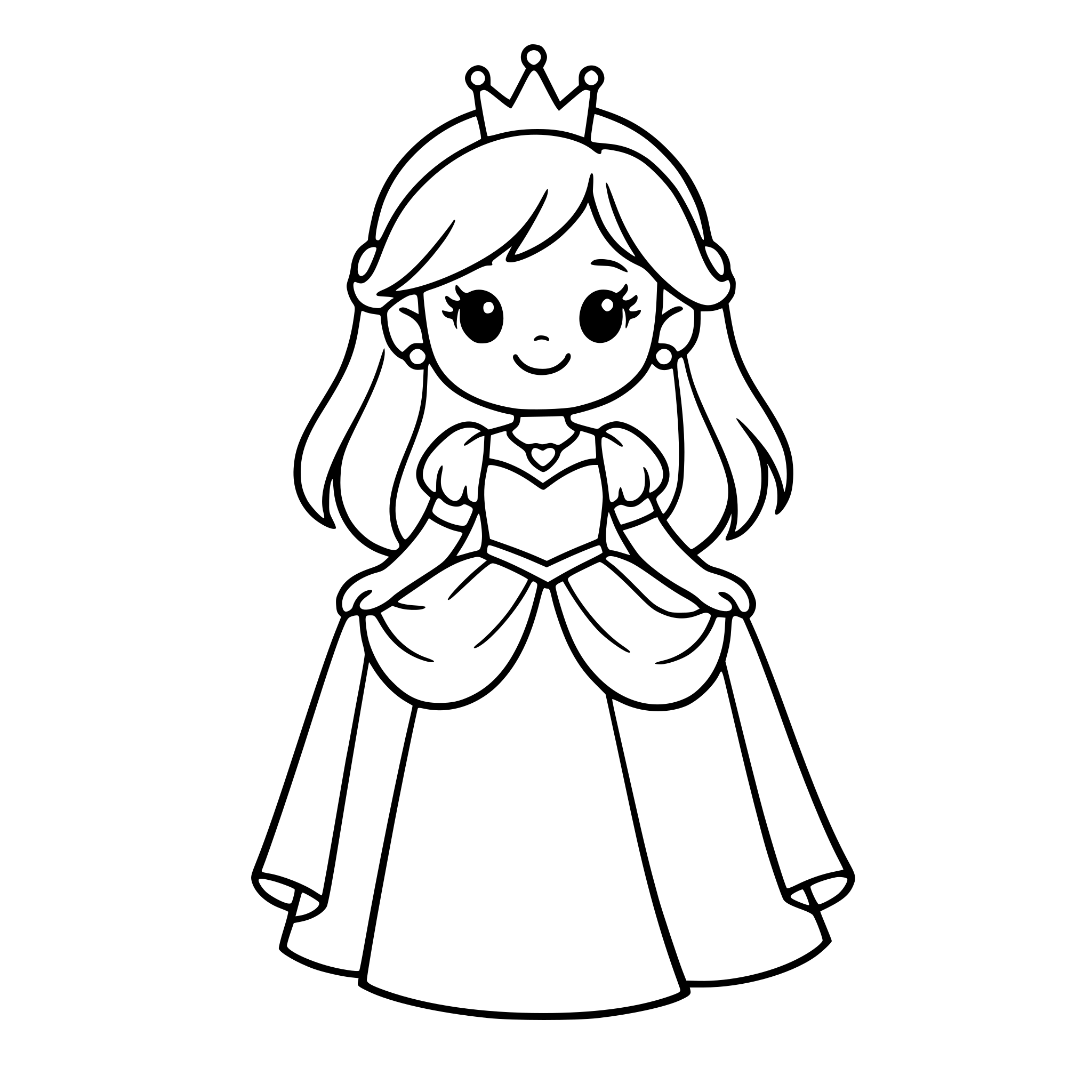 cute princess coloring page, black and white line art, simple outlines, princess with long dress and crown, smiling, cartoon style, kids coloring book page, white background, no shading
