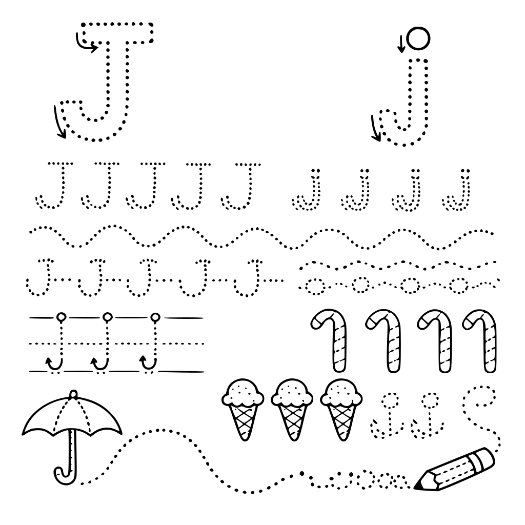 zró całą listę ćwiczeń do litery J duże i j małe różne ślaczki wykropkowane dzięki którym nauczymu pisać się literkę J i j