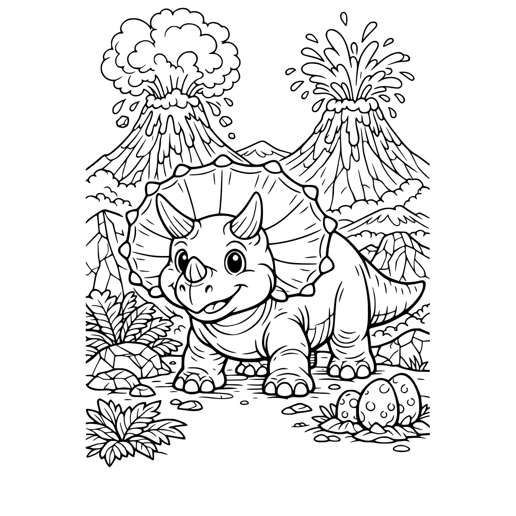 Portrait oriented coloring book page that is black and white with a friendly looking triceratops. Background has volcanoes with smoke and lava coming out. Fill the whole page with great detail. Fit 8.5” by 11” paper.
