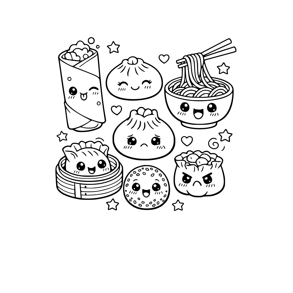 kawaii chinese food items such as spring roll, dumplings, etc. with different facial expressions
