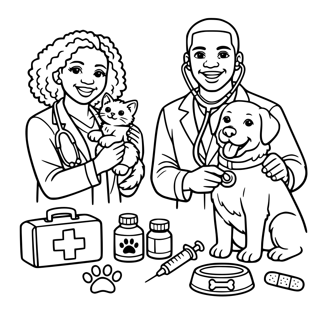 Vet med coloring book with black veterinarians