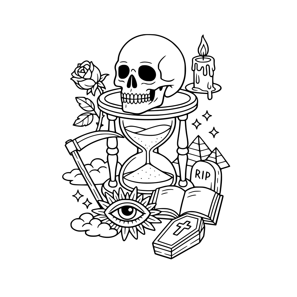 Malbuch mit Thema Memento mori, passende Motive, surreal