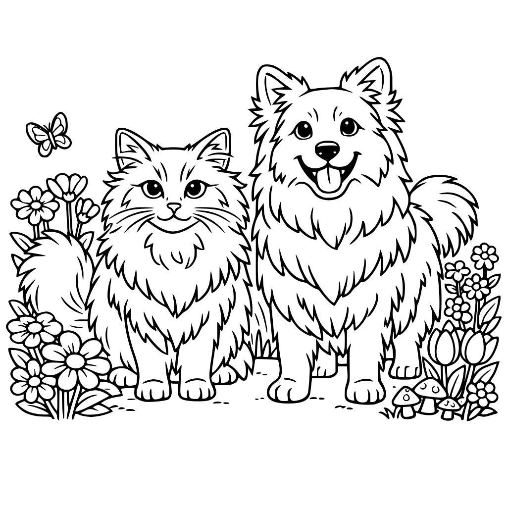 長毛貓+狗 在花園中站立看鏡頭