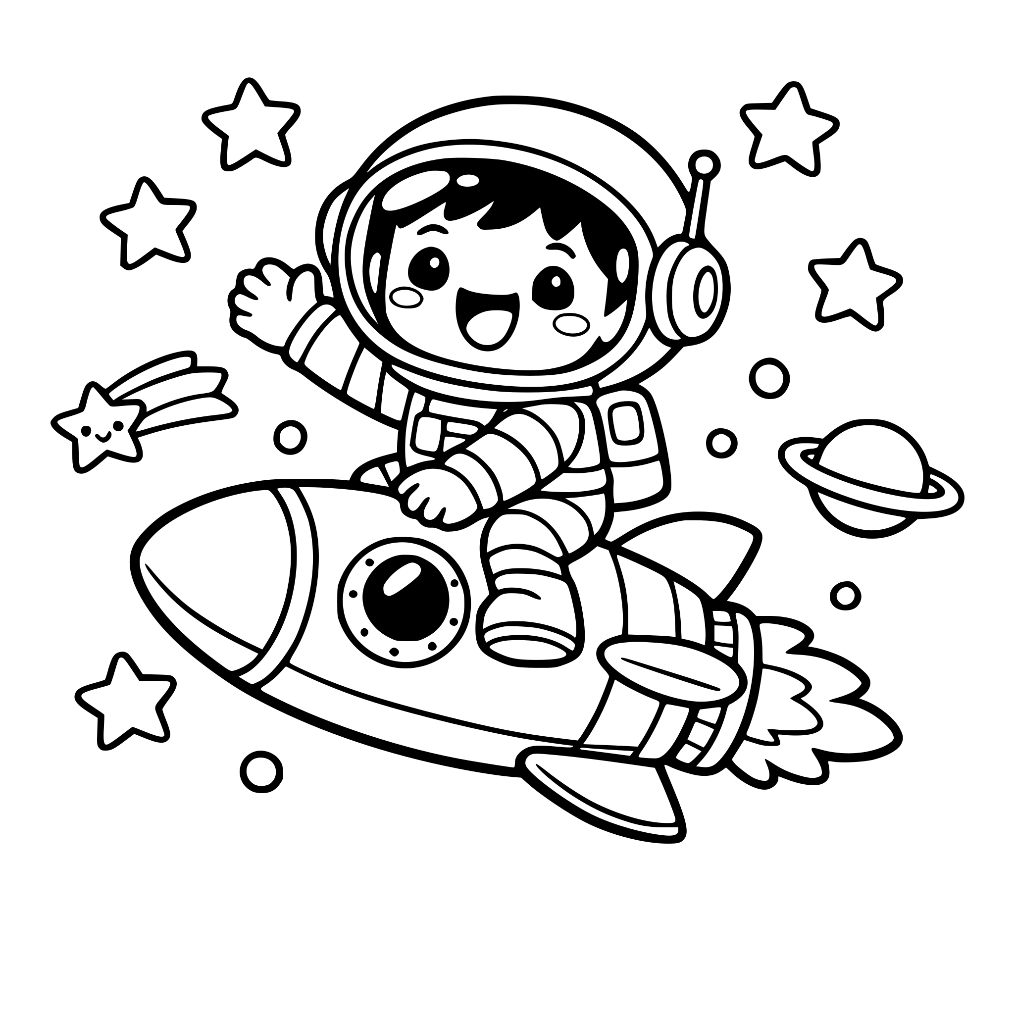 Happy child astronaut riding on top of a rocket like a toy, flying through stars, playful kawaii style, thick outlines, black and white coloring page