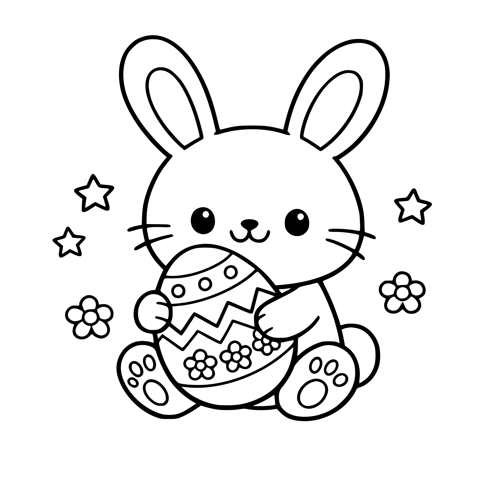 cute easter bunny with an easter egg, simple bold black outlines, white background, kawaii style, cloring page fpr kids, no shading