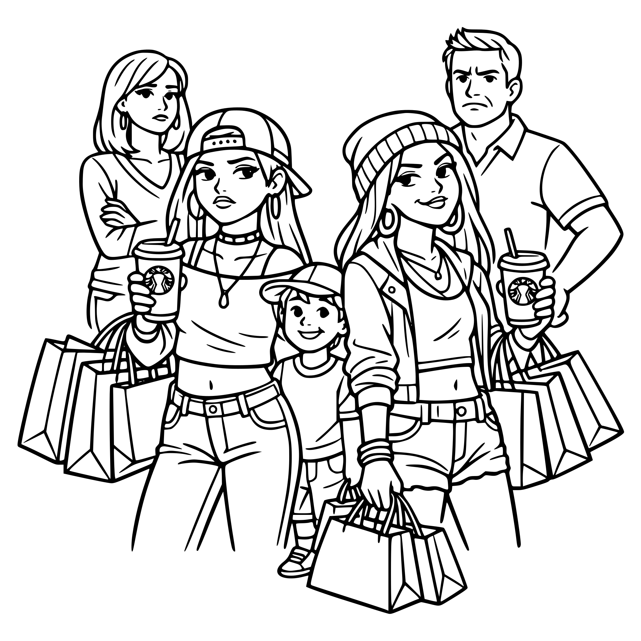 two teenage girls who have a snarky attitude with a mom and dad and little brother, include shopping bags, Starbucks coffee cups with the girls. Make the scene in a shopping center in a mall, have the girls be dressed trendy
