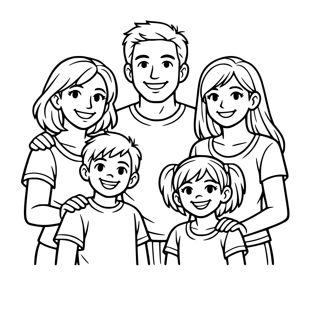 Crea una imagen de una familia: mamá, papá, dos niños y una chica